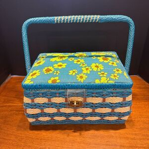 Retro Mod Floral Sewing Basket - Blue Wicker & Quilted Satin